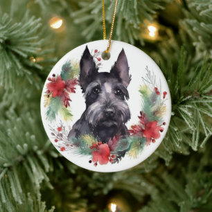 Schotse Terriër Kerstkrans Festieve Pup Keramisch Ornament