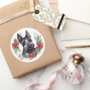 Schotse Terrier Kerstkrans Festieve Pup Ronde Sticker