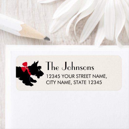 Schotse Terriër Kerstmis Red Bow Retouradres Etiket (Insitu)