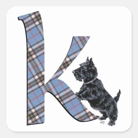 Schotse Terrier Monogram K Vierkante Sticker (Voorkant)