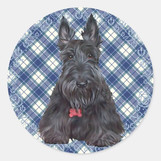 Schotse Terrier op Tartan Ronde Sticker (Voorkant)