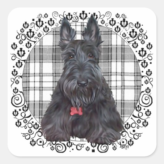 Schotse Terrier op Tartan Vierkante Sticker (Voorkant)