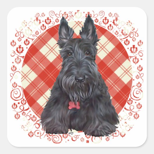 Schotse Terrier op Tartan Vierkante Sticker (Voorkant)