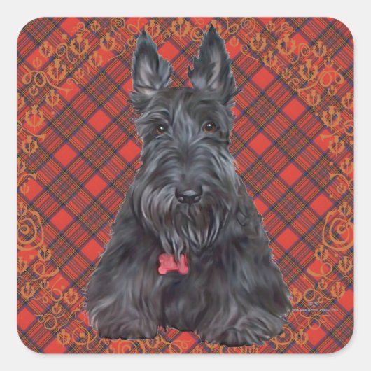 Schotse Terrier op Tartan Vierkante Sticker (Voorkant)