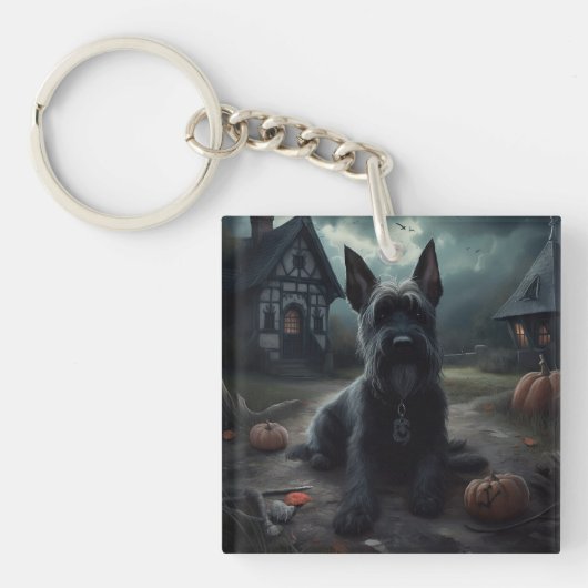 Schotse Terrier pompoenen Halloween Scary Sleutelhanger (Voorkant)