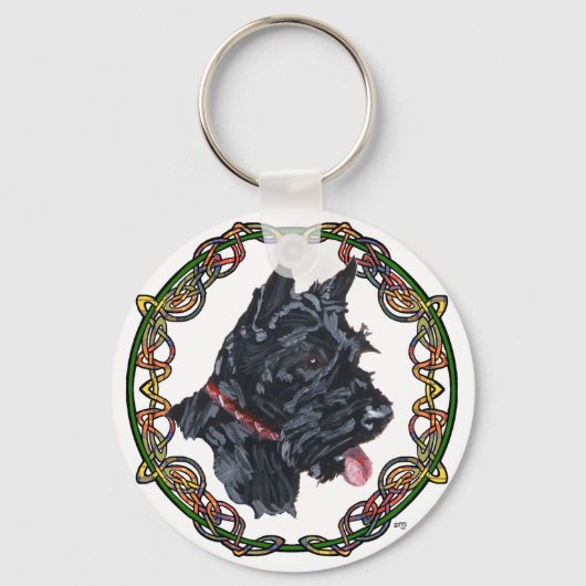 Schotse Terrier Portret Keltische Knoopwerk Sleutelhanger (Voorkant)