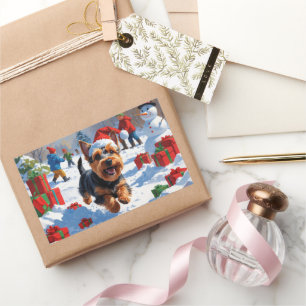 Schotse Terrier rent door de sneeuw met Kerstmuts Rechthoekige Sticker