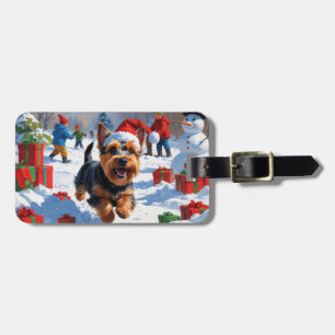 Schotse Terrier Rent door Sneeuw met Kerstmuts Bagagelabel