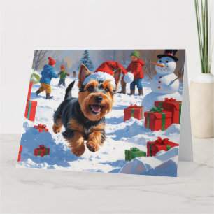 Schotse Terrier Rent Door Sneeuw met Kerstmuts Kaart