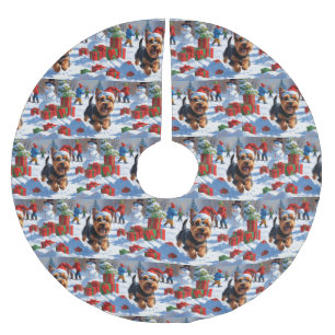 Schotse Terrier Rent Door Sneeuw met Kerstmuts Kerstboom Rok