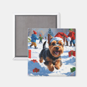 Schotse Terrier Rent Door Sneeuw met Kerstmuts Magneet