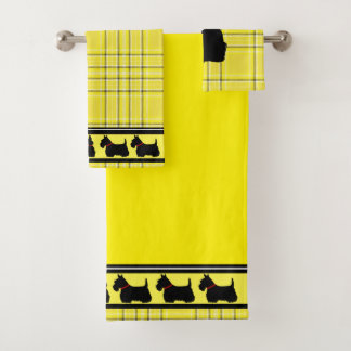 Schotse Terrier/rode halsband/gele plaid/border Bad Handdoek
