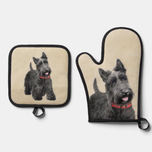 Schotse Terrier Schilderen Zwarte Originele Hond A Ovenwant & Pannenlap Set (Voorkant)