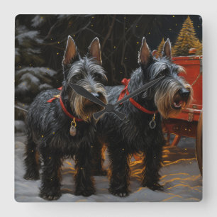 Schotse Terrier Sneeuw Slede Kerst Decoratie Vierkante Klok
