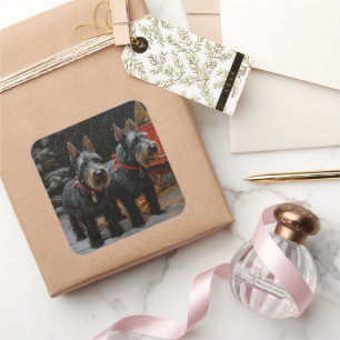 Schotse Terriër Sneeuw Slede Kerst Decoratie Vierkante Sticker