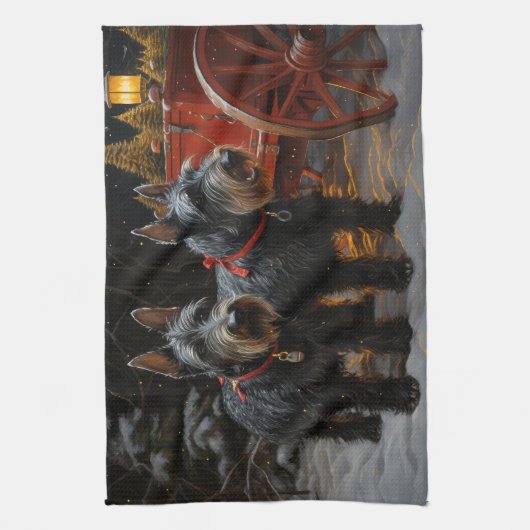 Schotse Terriër Snowy Sleigh Kerst Decor Theedoek (Verticaal)