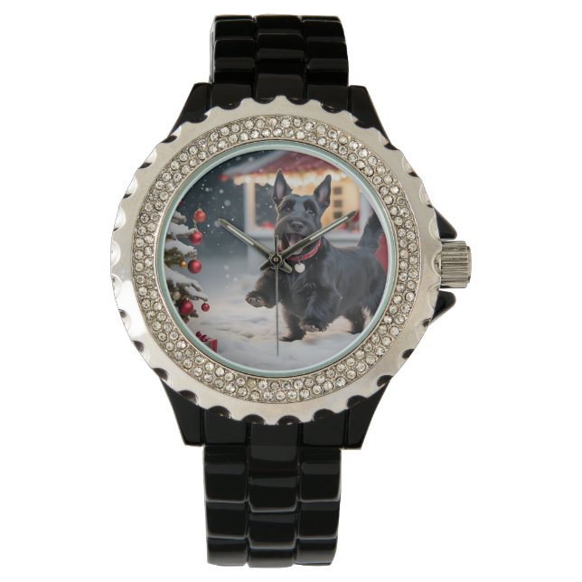 Schotse terriër speelt kerstsneeuw horloge (Voorkant)