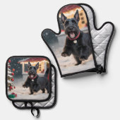 Schotse terriër speelt kerstsneeuw ovenwant & pannenlap set (Voorkant / Achterkant)