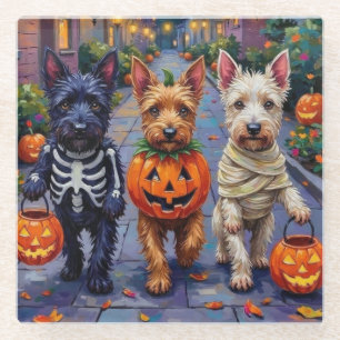 Schotse Terrierhonden in Halloween-kostuums Glazen Onderzetter
