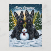 Schotse Terriërs en Sneeuwman Kerstmis Feestdagenkaart (Voorkant)