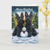 Schotse Terriërs en Sneeuwman Kerstmis Kaart (Gele Bloem)