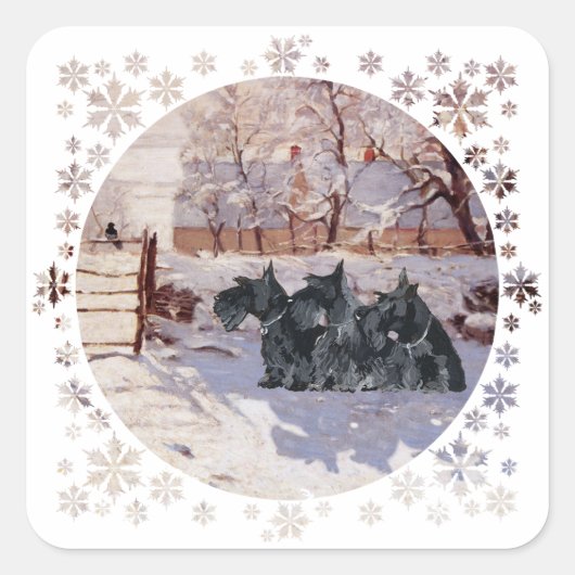 Schotse Terriërs Winter Ekster Vierkante Sticker (Voorkant)