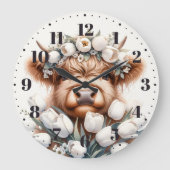Schottische Highland-Kuh mit weißen Tulpen Wanduhr Grote Klok (Voorkant)