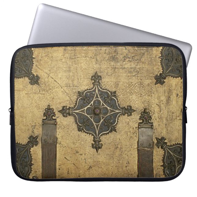  schoudermetaal op leder laptop sleeve (Voorkant)