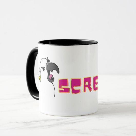 Schreeuwende papegaai met roze tekst mok (Voorkant links)