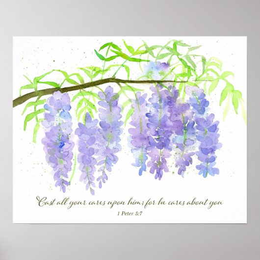 Schrift 1 Petrus 5:7 Bijbelvers Wisteria Bloemen Poster (Voorkant)