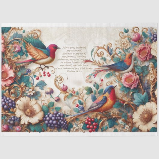 Schrift (Psalm 18 v 1-2) Bloemvogels Decoupage Tissuepapier (Voorkant)