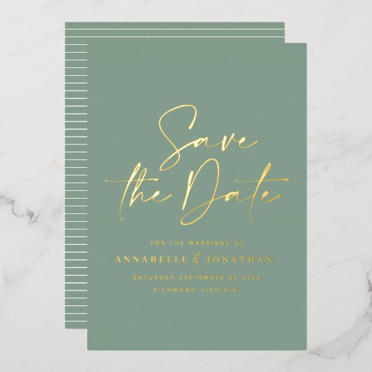 schrift sage groene folie bruiloft save the date uitnodiging (Voorkant / Achterkant)