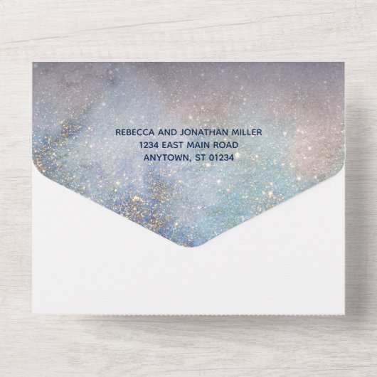 Schriftelijk in de Stars Navy Sparkly Galaxy Weddi All In One Uitnodiging (Achterkant)