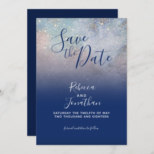 Schriftelijk in de sterrenzee Galaxy Save the Date Kaart (Voorkant / Achterkant)