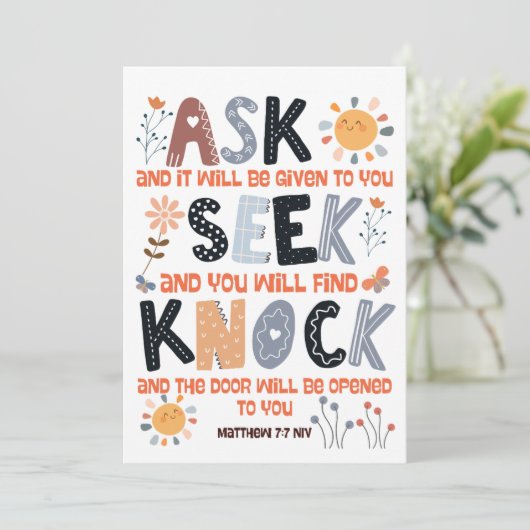 Schriftkaart Bijbel Matteüs 7:7 (Staand voorkant)