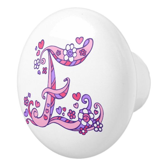Schrijf E monogram harten bloemen roze paarse trek Keramische Knop (Rechts)