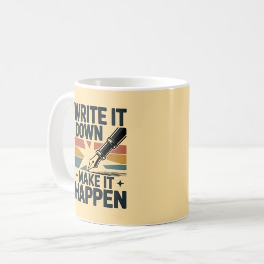 Schrijf het op en laat het gebeuren Retro Planner Koffiemok (Voorkant links)