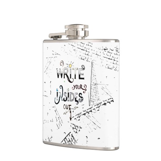 Schrijf je binnen uit! Motivatie schrijver motto Heupfles (Links)