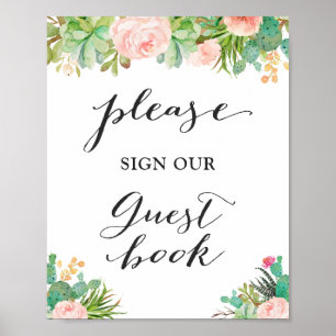 Schrijf ons Guestbook in Succulent Cactus Floral Poster