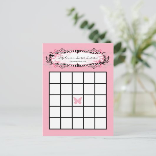 Schrijfbare Bingo Card Girly Butterfly Zebra Print Briefkaart (Staand voorkant)
