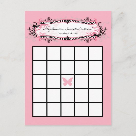 Schrijfbare Bingo Card Girly Butterfly Zebra Print Briefkaart (Voorkant)