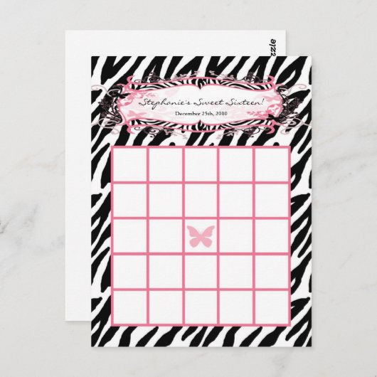 Schrijfbare Bingo Card Girly Butterfly Zebra Print Briefkaart (Voorkant / Achterkant)