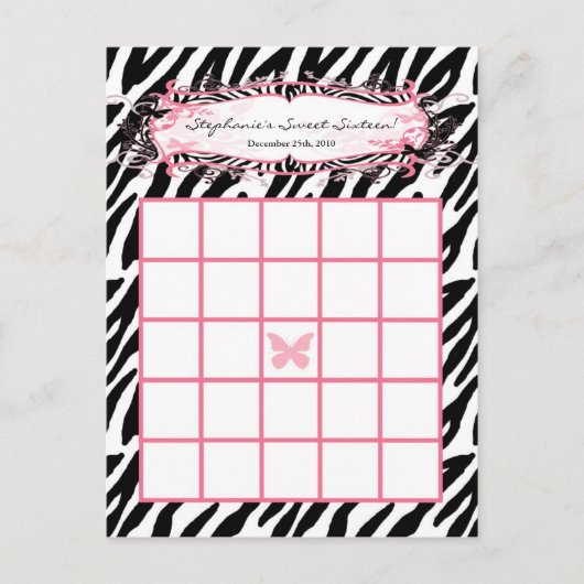 Schrijfbare Bingo Card Girly Butterfly Zebra Print Briefkaart (Voorkant)