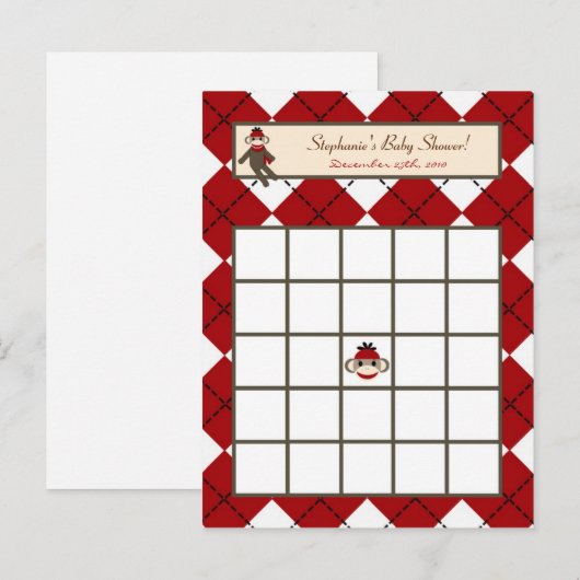 Schrijfbare Bingo Card Red Sock Monkey Argyle Uitnodiging Briefkaart (Voorkant / Achterkant)