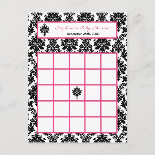 Schrijfbare Bingo Kaart Hot Pink Black Damask (Voorkant)
