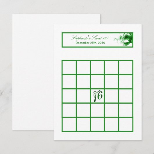 Schrijfbare Bingo Kaart Sweet 16 Green Party (Voorkant / Achterkant)