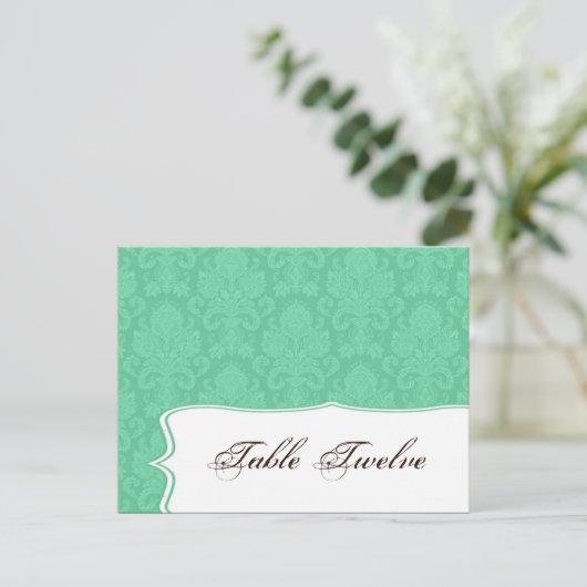 Schrijfbare Plaats Kaart Mint Wit Damast Kant Prin (Staand voorkant)