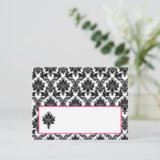 Schrijfbare plaatskaart Hot Pink Black Damask Briefkaart (Staand voorkant)