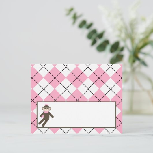 Schrijfbare Place Card Pink Argyle Sock Monkey Briefkaart (Staand voorkant)
