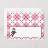 Schrijfbare Place Card Pink Argyle Sock Monkey Briefkaart (Voorkant / Achterkant)